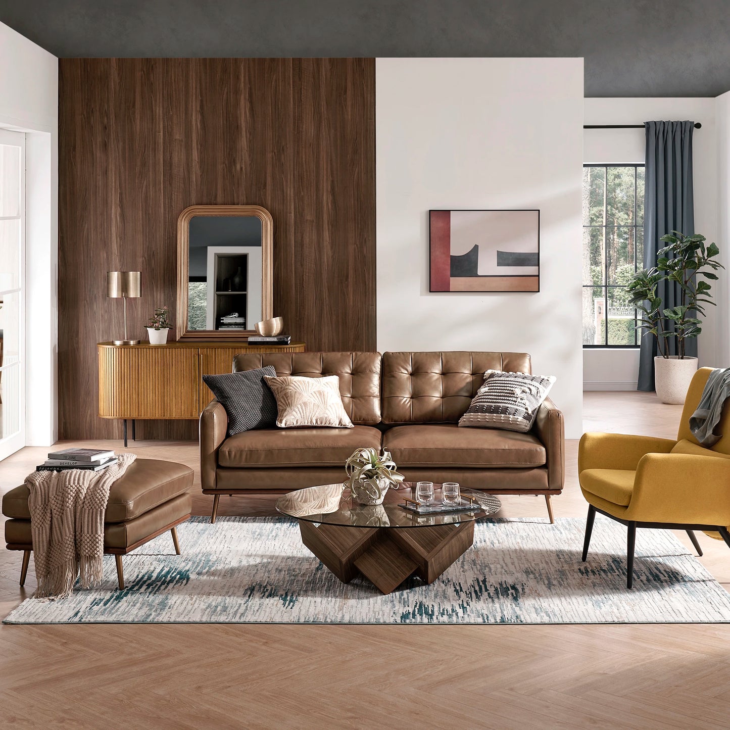 Loft Sofa With Ottoman, 2 Seater, Brown PU Leather