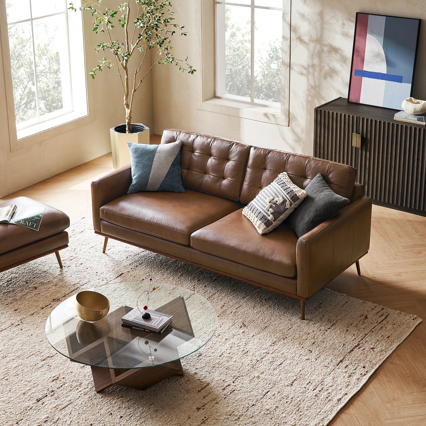 Loft Sofa With Ottoman, 2 Seater, Brown PU Leather