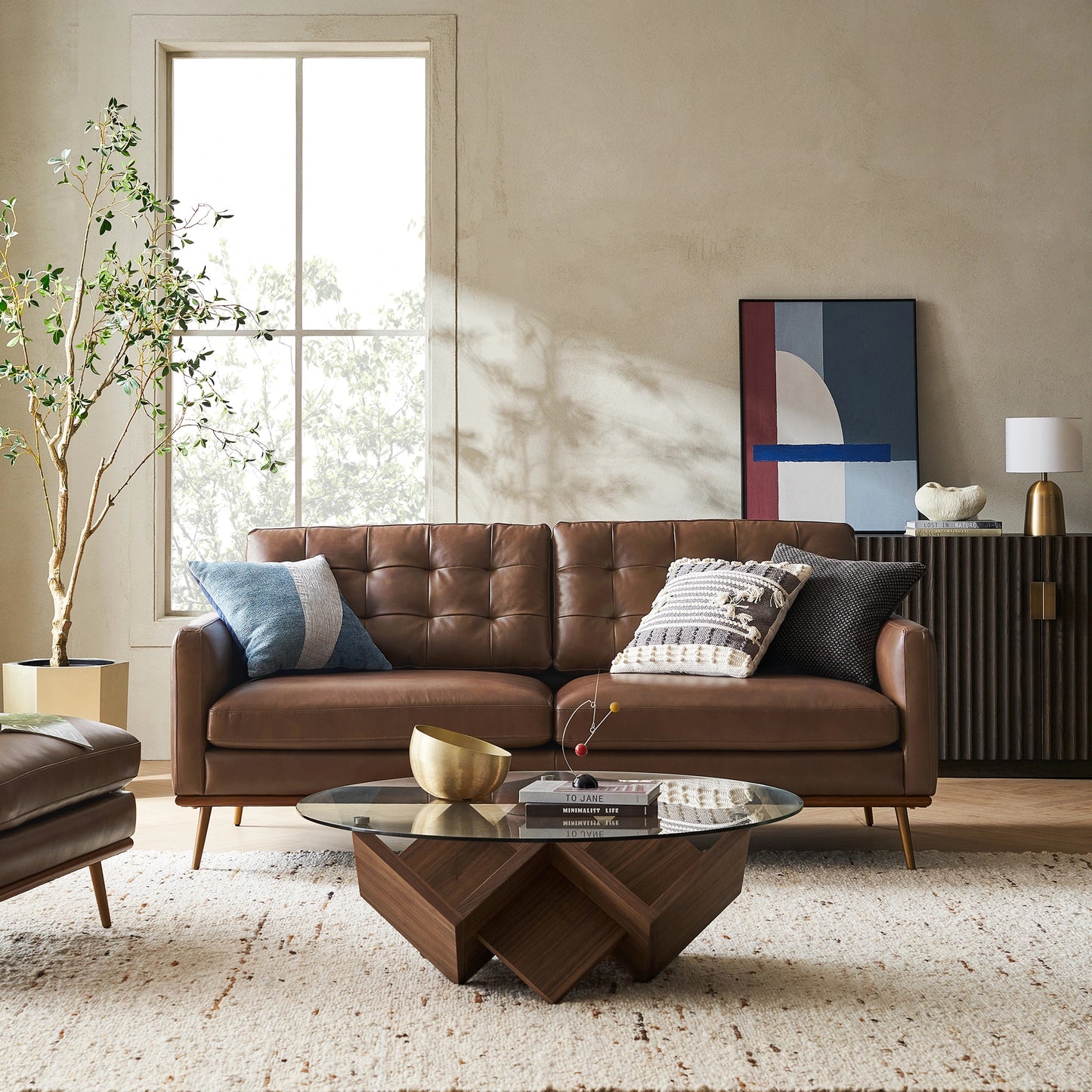 Loft Sofa With Ottoman, 2 Seater, Brown PU Leather