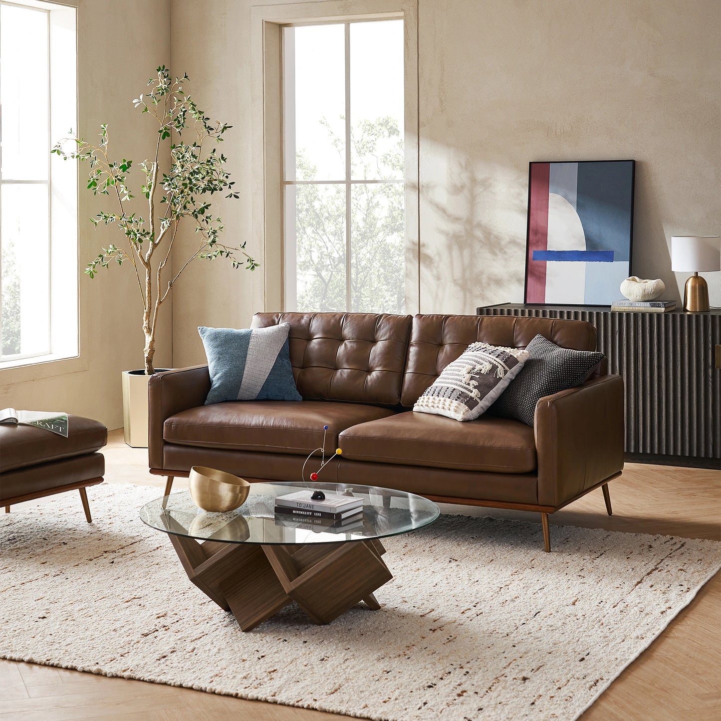 Loft Sofa With Ottoman, 2 Seater, Brown PU Leather