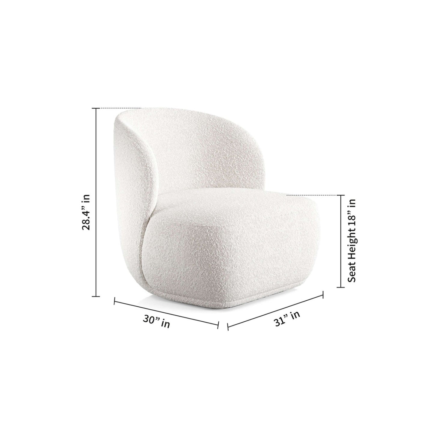 White chair with dimensions labeled on a white background