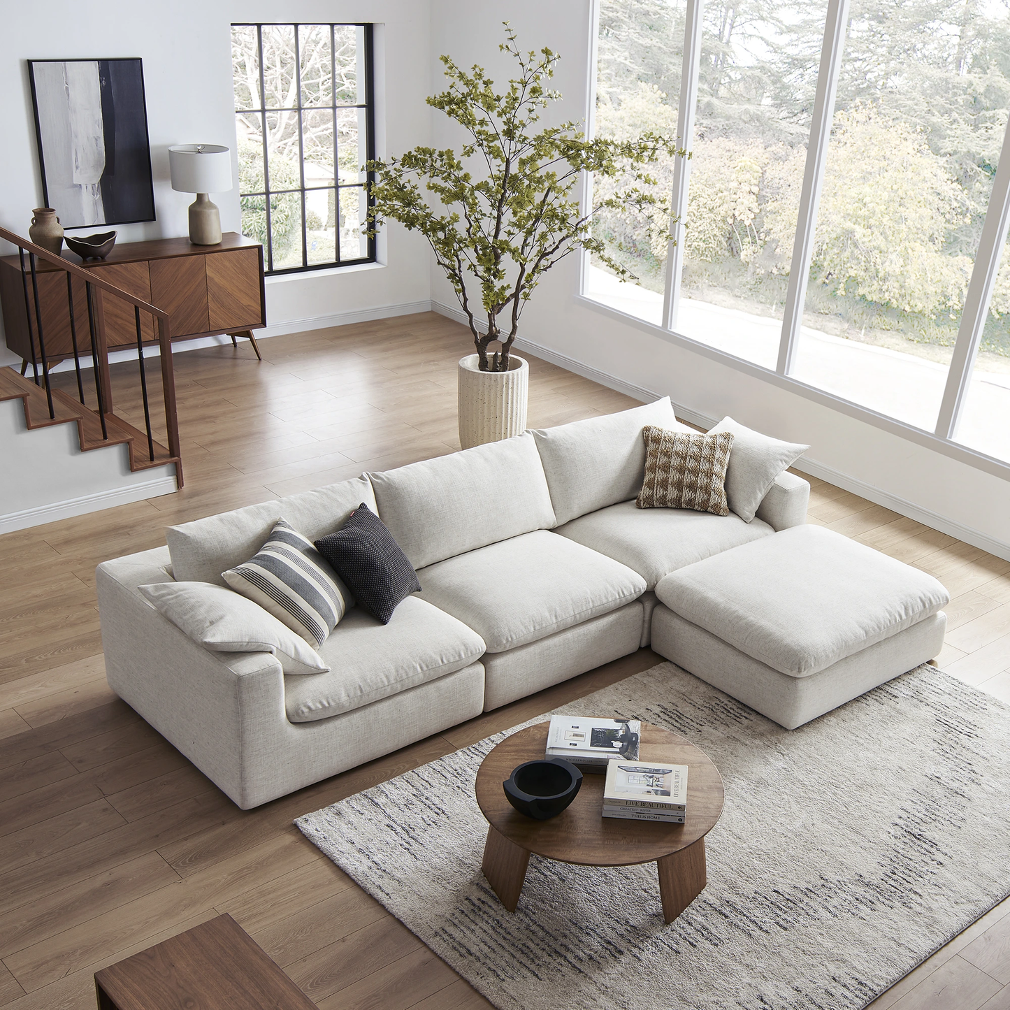 Duke Deep Seat Sofa With Ottoman, 3 Seater, Beige