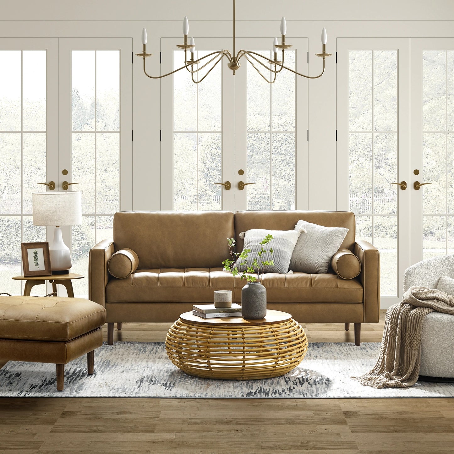 Napa 2 Seater Sofa With Ottoman, Tan PU Leather