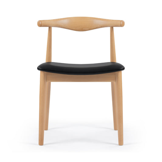 Natural solid wood chair with black leather seat