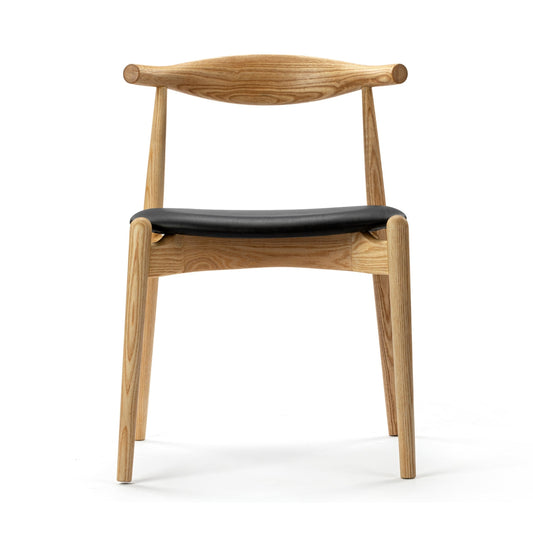 Natural finish solid wood dining chair with black leather saddle seat 
